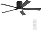 WINGBO 52" DC Flush Mount Ceiling Fan with Lights, 6-Speed Reversible DC Motor, 3CCT, Low Profile Hugger Ceiling Fan for Living Room Bedroom Kitchen, Black Finish and Black/Walnut Blades