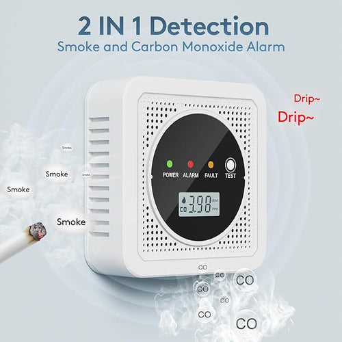 2 in 1, Carbon Monoxide Detectors,Smoke Detector,Smoke Combination CO Alarm,85db Alarm,LCD Large Screen,with 3*AA Batteries,Test Button,Low Battery Warning,Easy Install