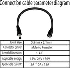 5.5mm x 2.1mm 1FT DC Power Extension Cable Male to Female 12V/24V 14AWG DC Connection Cable for CCTV Surveillance Camera Amplifiers LED Strip Lights Solar Panels Energy Storage Power Supply 2 pcs