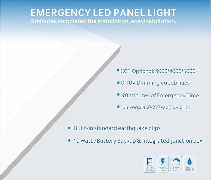 2X2 LED Flat Panel Light Emergency Battery Backup, 40W-3000K/4000K/5000K, 0-10V Dimmable, 4390 Lumens, LED Drop Ceiling Light, 100-277V, DLC and UL Listed, Ultra Thin Back-Lit (30 Pack)