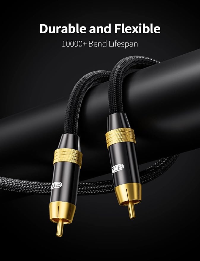 Subwoofer Cable,EMK Digital Coaxial Audio Cable [24K Gold-Plated, Durable Cotton] Premium S/PDIF RCA Male to RCA Male for Home Theater, Soundbar,Speaker,HDTV, Subwoofer, Hi-Fi Systems (Black-6.6ft/2m)