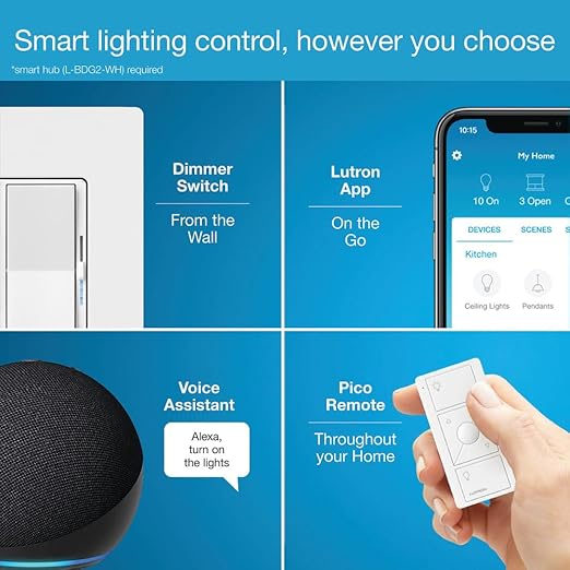 Lutron Diva Smart Dimmer Light Switch for Caseta Lighting (Lutron Smart Hub Required), for LED Lights, 150W, Single-Pole/3-Way, No Neutral, Light Almond (DVRF-6L-LA)