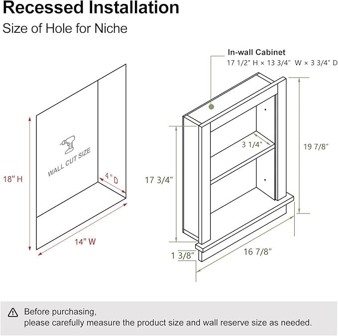 Recessed Medicine Cabinet Inset,Bathroom Wall Niche Insert for Drywall,14x18 Bathroom Medicine Cabinet Shelf Wood Replacement,in Wall Cabinet with Storage for Restaurant,Imitation Natural
