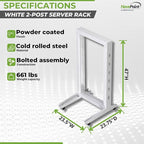 NavePoint 22U 2 Post Rack Open Frame Server Rack for 19 Inch Equipment, AV, Networking, Data & IT Devices, 2-Post Rack 22U with Wheels, 661lbs Weight Capacity, White