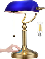 Newrays Blue Glass Bankers Desk Lamp, Stepless Dimmable Table Lamp Plug in Fixture for Study, Home Office, LED Bulb Included