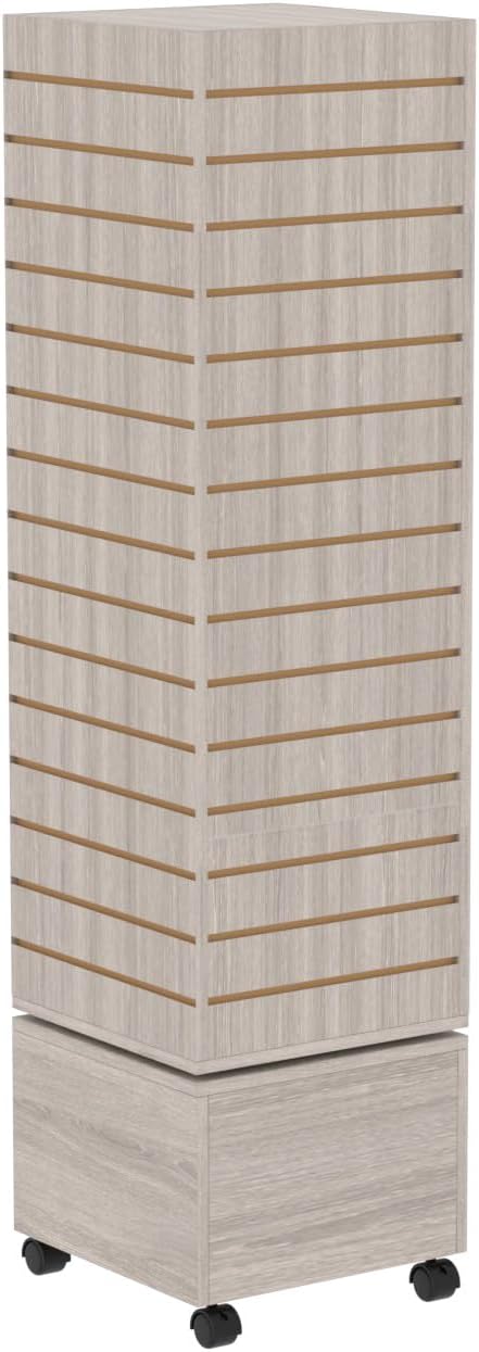 16" W * 16" D * 62" H - Slatwall Tower, Four Panel Slatwall Retail Fixture, Rotating Retail Display Rack (Gray Wood Grain)