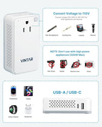 220V to 110V Converter for European Travel, VINTAR 200W Mini Universal Travel Adapter Voltage Converter US to Europe, International Step Down Power Converter Adapter Combo for EU UK AUS India