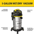 STANLEY Wet Dry Vacuum 5 Gallon with 4 HP Powerful Motor Suction,Stainless Steel Shop Vacuum Portable Wet Dry Vac for Jobsite, Workshop, Garage, Basement SL18130