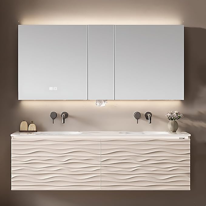 56IN Bathroom Vanity - Smart Defogging Mirror Cabinet | Waterproofing Technology & Wave Shaped Door Panel, Floating Bathroom Vanities with Large Storage Space (Mirror Cabinet)