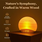 REACHER Sunrise Alarm Clock with Bluetooth Speaker & FM Radio, Gradual Wake Up Light, Digital Dimmable Clock, Bedroom Lamps, 8 Color Night Lights, Home Decor, Wood Clock for Adult, Kid