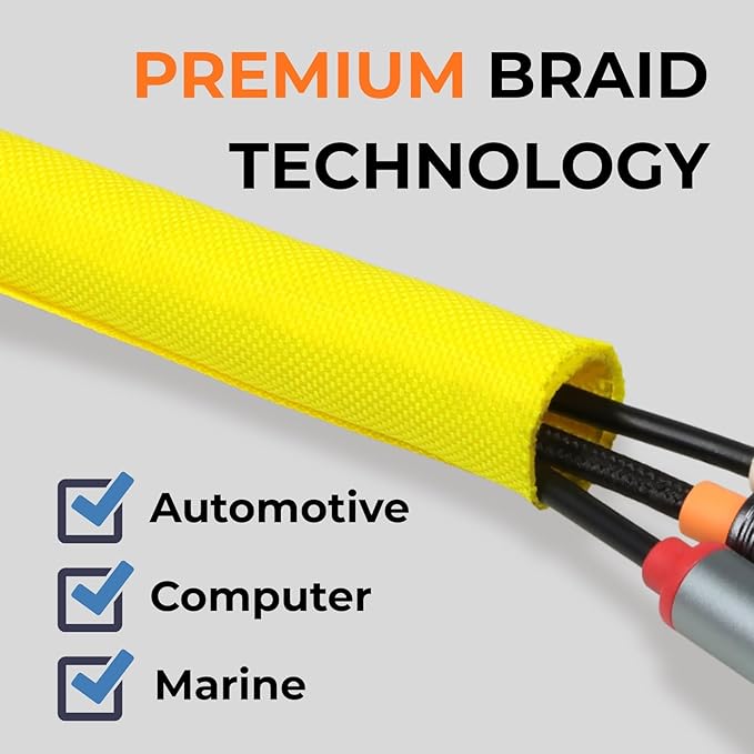 HOLED 3/16 inch Split Braided Cable Management Sleeve for USB Cable Power Cord Audio Video Cable, Wire Loom Cord Protector from Cat Dog Chewing (Yellow, 10FT)