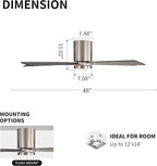 WINGBO 48" DC Flush Mount Ceiling Fan with Lights, 6-Speed Reversible DC Motor, 3CCT, Low Profile Hugger Ceiling Fan for Living Room Bedroom Kitchen, Nickel Finish and Black/Gray Blades