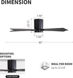 WINGBO 48" DC Flush Mount Ceiling Fan with Lights, 6-Speed Reversible DC Motor, 3CCT, Low Profile Hugger Ceiling Fan for Living Room Bedroom Kitchen, Black Finish and Black/Walnut Blades