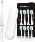 kingheroes Electric Toothbrush Set, Comes with 8 Brush Heads & Travel Case,4 Modes with 2 Minutes Built in Smart Timer, One Charge for 60 Days, 42000 VPM Motor (White)