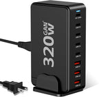 Upgrade USB C Desktop Charger, 320W 8-Port GaN III Fast Charging Station Hub 100W PD Laptop Charger with 5-Foot Cable for MacBook Pro/Air, Dell XPS, iPhone 17/16/15, Galaxy S25, iPad Pro/Air