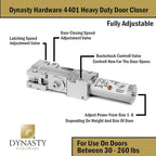 Dynasty Hardware Door Closer, Grade 1 Heavy Duty Commercial Hydraulic Closer & Hold Open Arm, Self-Closing, Adjustable Spring Size 1-6, ADA Compliant, Surface Mount, Sprayed Aluminum, Series 4401