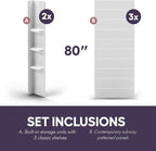 White Acrylic Shower Wall Surround 36"x 60"x 80" - Waterproof, Easy-to-Install, Two Shelf Units Kit Included - Shower Wall Surround Panels - Stacked Tiles Pattern, Classic Shelves