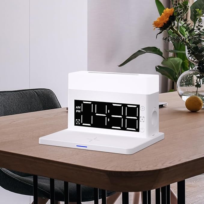 IHAO 6in1 Smart Alarm Clock with Wireless Charger RGB Mood Light 15W Fast Wireless Charging for All Qi Phone TWS Headphone Compliant with i-Watch 7 Color Night Light Large Digital Display-White