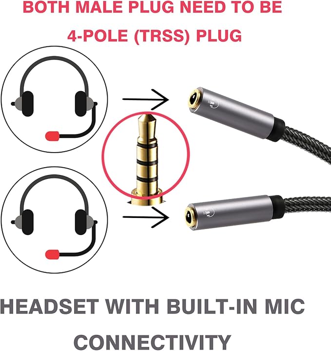 DUKABEL Long Headphone Splitter (4ft / 1.2m) Shielded 4-Pole TRRS 3.5 Y Splitter Cable 2-Way Female to Male Headphone Adapter Stereo Audio/Crystal-Nylon Braided / 24K Gold Plated / 99.99% 4N OFC