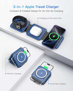Iseyyox Charging Station for Apple Devices - 3 in 1 Magnetic Foldable Wireless Charger Dock - Travel Charging Pad for MagSafe iPhone 16 15 14 13 12 Pro Max Plus Watch & Airpods