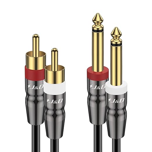 J&D Dual 1/4 inch TS to Dual RCA Cable, Heavy Duty 1/4 Male to RCA Male Adapter Stereo Audio Interconnect Quarter inch Cable, 15 Feet