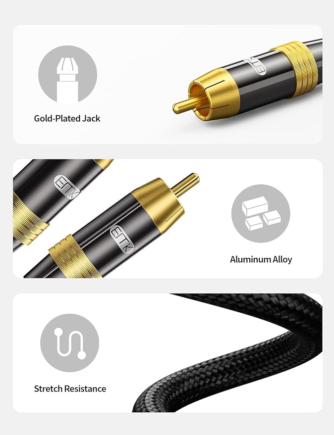 Subwoofer Cable,EMK Digital Coaxial Audio Cable [24K Gold-Plated, Durable Cotton] Premium S/PDIF RCA Male to RCA Male for Home Theater, Soundbar,Speaker,HDTV, Subwoofer, Hi-Fi Systems (Black-3.3ft/1m)