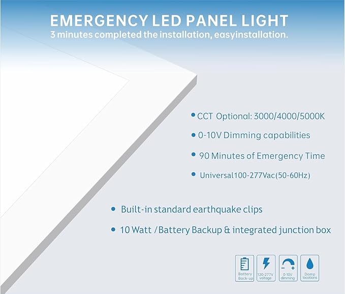 2X4 LED Flat Panel Light with Emergency Battery Backup, 50W 3000K/4000K/5000K, 0-10V Dimmable, 6500 Lumens, LED Drop Ceiling Lights, 100-277V, DLC UL Listed, Ultra Thin Back-Lit (36 Pack)