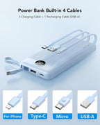 VRURC 10000mAh Power Bank Built-in Cables, Portable Charger with LED Display, Slim Travel Battery Pack with Cords, 5 Output Dual Input Phone Charger for Cell Phone Smart Devcies-Blue(1 Pack)