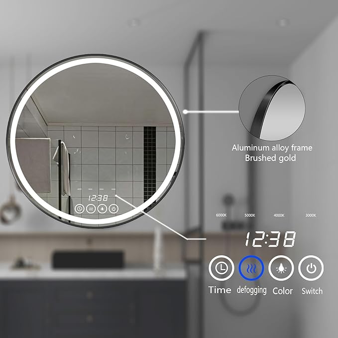 28 Inch Wall-Mounted Round Bathroom Mirror with LED-Lights - Frame Vanity Mirrors (28" x 28", Black)