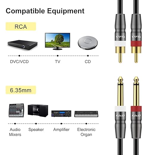 J&D Dual 1/4 inch TS to Dual RCA Cable, Heavy Duty 1/4 Male to RCA Male Adapter Stereo Audio Interconnect Quarter inch Cable, 25 Feet