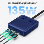USB C Charger Block,135W GaN Fast Charging Station Hub,6-in-1 USB C Power Strip with 5ft Cord,2 AC & 2 USB A & C,PD 65W Laptop Charger for MacBook Air/Pro,iPhone16/15,Galaxy S24 etc