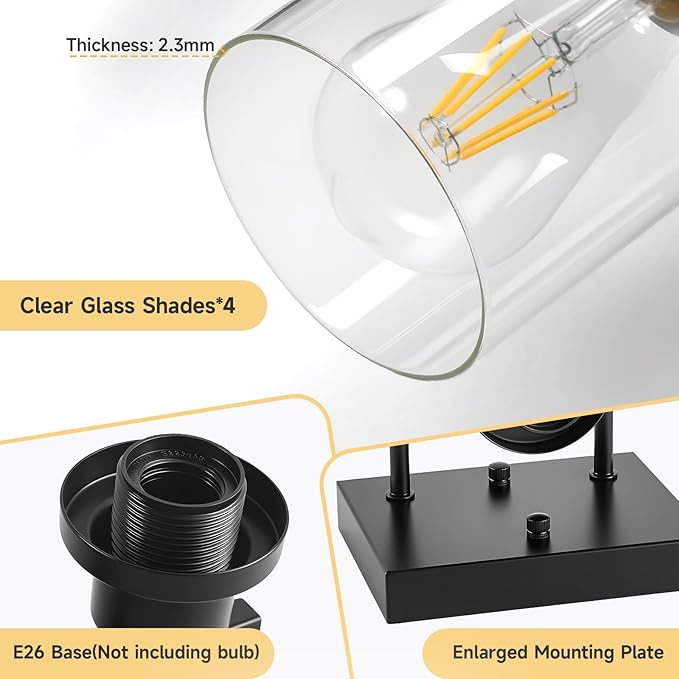 DIKAIDA Bathroom Vanity Light, 4-Light Modern Matte Black Wall Sconce Lighting with Clear Glass Shade, Bathroom Lighting Fixtures Over Mirror,Vintage Wall Mounted Lamps for Mirror Bedroom,Living Room