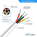 18 Gauge 5 Conductor Electrical Wire, 32.8FT White Stranded Low Voltage 18/5 Cable, PVC Case, Tinned Copper for LED Strips, Lamp Lighting, Automotive