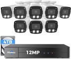 Hiseeu 12MP PoE Security Camera System, 8 Pcs 12MP Security Cameras, 121° Wide View, Person Vehicle Detect, 2-Way Audio, Soptlights Color Night Vision, 16 CH PoE NVR with 4TB HDD for Home Surveillance