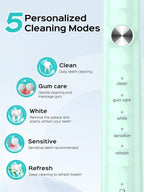 COSLUS Sonic Electric Toothbrush for Kids & Adults: 47000 VPM for Deep Cleaning & Whitening with Travel Case - 5 Modes for Sensitive Teeth & Braces, Wireless Charging, 6 Brush Heads, Green (1PC)