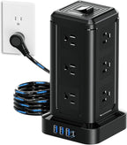 NVEESHOX Surge Protector Power Strip Tower, 10 FT Flat Plug Extension Cord with 12 AC Outlets 4 USB Ports(20W PD Type C), Charging Station with Surge Protection for Family, Office, Dorm