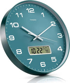 TIMESS Wall Clock, 10" Dial Non-Ticking Silent Battery Operated Analog with LCD Display for Perpetual Calendar and F° Temperature, Ideal Modern Home, Office Decor (Green)