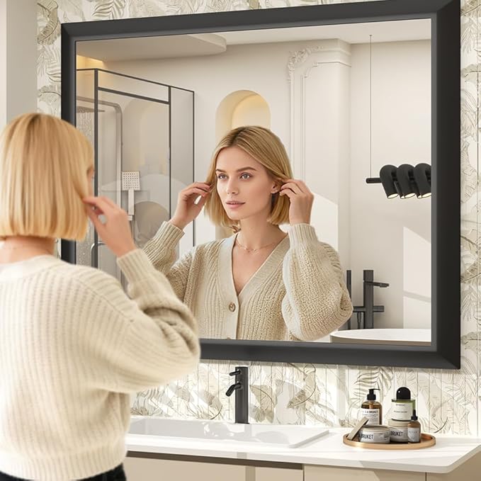 SMIROR Matte Black Bathroom Mirror for Over Sink 44x 36 inch, Metal Thick Frame Rectangle Vanity Mirror for Wall, Anti-Rust, Horizontally or Vertically Mounted