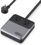 135W Charging Station USB C Power Strip,6-in-1 GaN USB C Charger Block with Plug &5ft Cord,2 AC,2 USB-A,2 USB-C,PD 65W Laptop Charger for MacBook,iPhone 16/15/14,Desktop Fast Charging for Home,Office