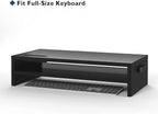 BONTEC Wood Monitor Stand Riser, 2-Tier Desktop Organizer with Storage, Ergonomic Computer Stand for Desk, Cable Management, Cellphone Holder, 21.3 Inch Shelf, Black