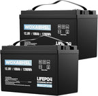 WOXABHSL 2PCS 12V 100Ah LiFePO4 Lithium Battery, Built-in 100A BMS, 15000+ Deep Cycles, Max 1280W Power Output, FCC&UL Certificates, Perfect for RV, Solar, Marine, Off-Grid