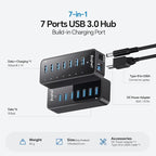 USB 3.0 Hub, 7Ports USB Hub with 1BC1.2 Ports, Multi USB Data Hub Compatible with Mac, Laptops, Desktop, All USB Devices, Mobile and HDD, USB 3.0 Splitter (36W Adapter Included)