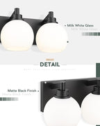 METWET Bathroom Light Fixtures, 3-Light Matte Black Vanity Light, Modern Wall Sconces with Milk White Globe Glass Shade, Vanity Lighting Fixtures Over Mirror, VL195-MB-ML-3