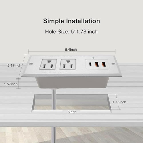 20W Recessed Power Strip USB C Fast Charge Desk Power Outlet Type C Flush Mounted Extension Power Plug for Conference Countertop Desktop Drawer Sofa ETL Listed 10ft Power Cord