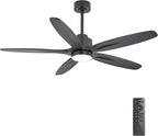 WINGBO 54" Ceiling Fan with Light - 5 Carved Solid Wood Blades, 6-Speed Reversible DC Motor, Dimmable, 3CCT, Noiseless Remote Control Ceiling Fans with Lights for Bedroom Living Room, Matte Black