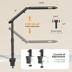 SupeDesk Overhead Camera Mount, Adjustable Desk Mount with Flexible Aluminum Spring Arm, 360° Ball Head, 1/4" 3/8" Screw & Phone Clamp for DSLR Cameras, Light, Heavy Microphones, and Smartphones