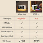 JALL Digital Alarm Clock with FM Radio for Bedroom, 8 Colors Night Light with Charging Port, Sleep Sound Machines with Timer, Dual Alarm (White with White Font)