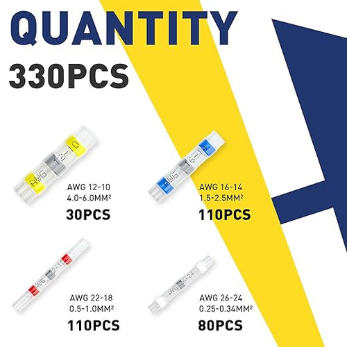 330PCS Solder Seal Wire Connectors-haisstronica Marine Grade - Heat Shrink Butt Connectors-Self Solder for Electrical,Stereo(30Yellow 80White 110Red 110Blue)
