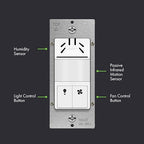 TOPGREENER Dual Tech Humidity Sensor Switch, Infrared PIR Motion & Air Moisture Detection, Bathroom Fan & Light Control, Adjustable Timing, Neutral Wire Required, UL Listed, TDHOS5, White