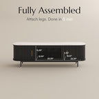 POVISON Fully-Assembled Mid Century Modern Black TV Stand with White Glossy Sintered Stone Tabletop & LED Lights, Rolling Door Media Console, Wood TV Console for Living Room